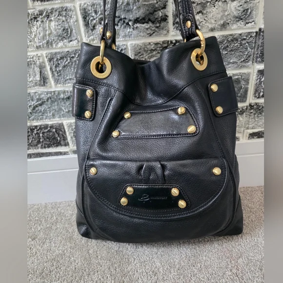 b. makowsky Women's  Black Leather Handbag with Gold Accents - Picture 13 of 13